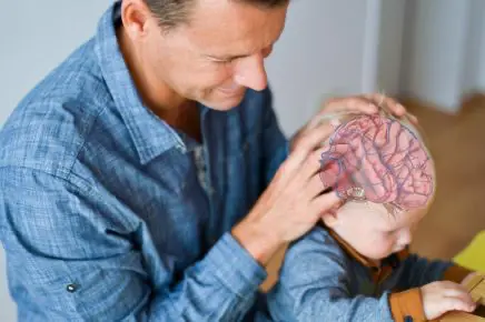 Stefan behandelt Kind mit grafischer Abbildung eines Gehirns